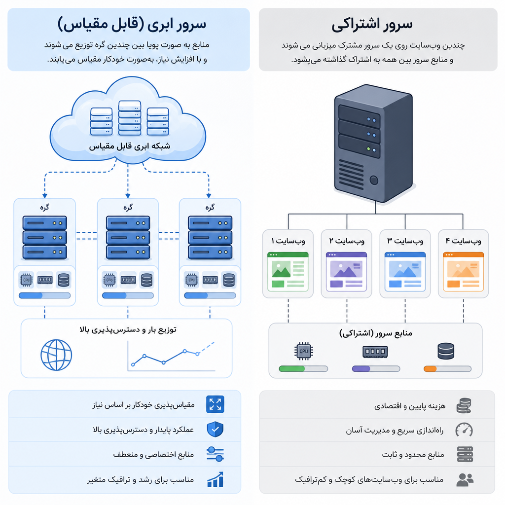 مقایسه هاست ابری هاست اشتراکی: راهنمای جامع و عملی